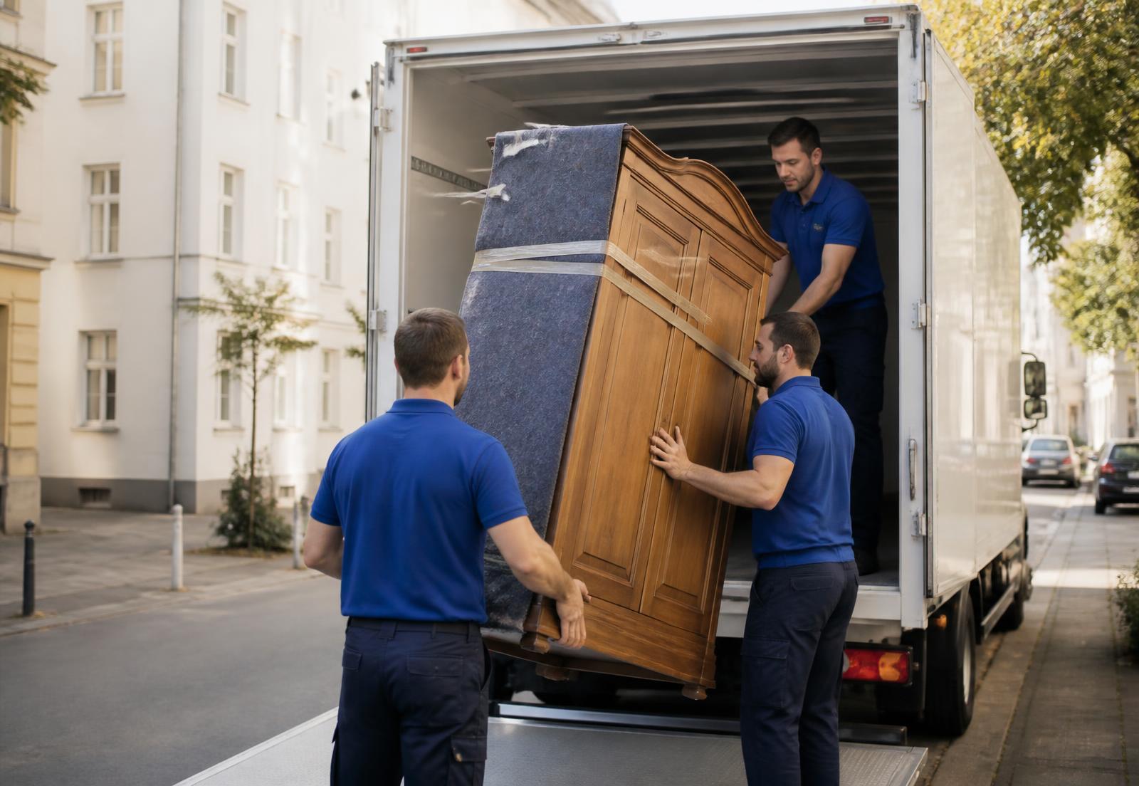 Mitarbeiter von Meilen Umzüge verladen einen geschützten Schrank in ein Umzugsfahrzeug